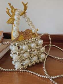 2026新款极简串珠小方包，时尚斜挎珍珠化妆包 - 銀色 - 查看 1