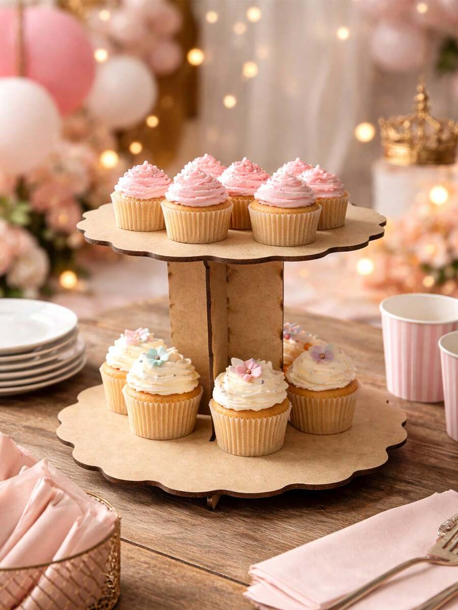 Base de Pastelera Mini de 2 Niveles en MDF Natural, Soporte Desarmable para Cupcakes y Postres, Exhibidor de Mesa de Dulces para Fiestas y Eventos, 20x23cm - Ver 1