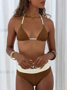 PEPPERMOLLY Bộ bikini kiểu Pháp màu nâu trắng buộc dây cổ - Quần bơi ngắn, họa tiết hoa tinh tế, thích hợp cho kỳ nghỉ biển. - Màu trắng nâu - Xem 2