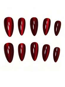 24片中号杏仁形优雅复古奢华樱桃红亮面猫眼假指甲，时尚迷人日常红色水晶猫眼亮面粘性指甲贴片，全覆盖尖头假指甲，适合女性和女孩，包含1张粘性贴纸和1个迷你指甲锉，随机发货 - 酒紅色 - 查看 3
