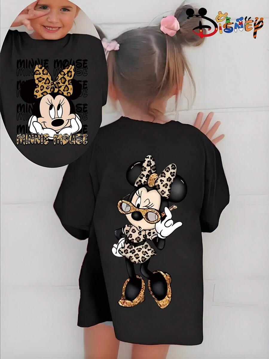 Officially Licensed Disney Cute Minnie Mouse Leopard Outfit Graphic Girls Adorable T Shirt Comfortable Versatile For Playdates And Family Outings - 黑色 - 查看 1