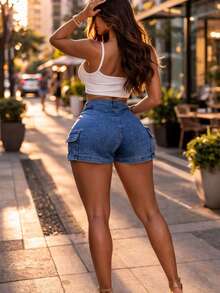 Falda Short Sexy con bolsas a los costados denim ajustable comida y fresca - Multicolor - Ver 2