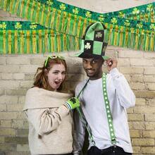 Mega-L St Patricks Day Decorations 2 Pack 39Ft Foil Fringe Garland Tinsel Banner, Green Gold Shamrock Pattern Metallic Hanging Backdrop Streamers Table Skirts For Birthday Party Parade Float Golf Cart - 2 Pack - View 6