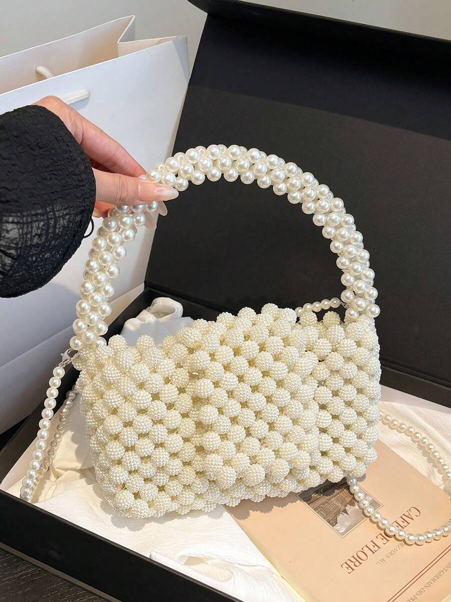 1 pieza Bolso de mano hecho a mano con perla blanca, bolso cruzado para mujer