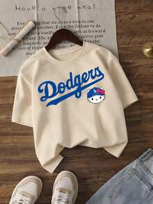 Sanrio Tiny Trove X Hello Kitty LA Dodgers Baseball Tee For Kids – Unisex 2-14 Years Soft Polyester (Polyester) T-Shirt With Cute Cartoon Print Spring Summer Casual Wear Cute Round Neck Casual Summer Fun Top, Moisture Wicking, Boys And Girls Can Wear, As A Holiday Gift For Children. - 杏色 - 查看 2