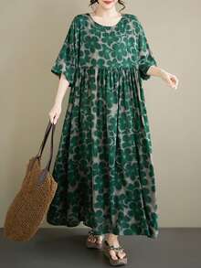 AZAH Plus Size Green Floral Print Long Dress, Round Neck Batwing Short Sleeve Woven A-Line Skirt With Pockets, Casual Bohemian Beach Dress, 2026 New Summer Dress For Women Elegant - Green - View 3