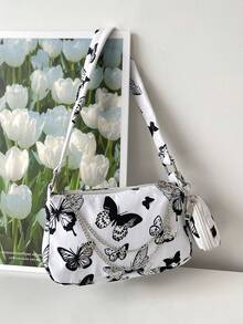 2pcs/Set Shoulder Bag, Chain, Butterfly Decor, Casual Shoulder Bag, Fashion Handbag, Large Capacity, Versatile, Suitable For Teenage Girls, Great For Office, Work, Business, Commuting, Shopping, Vacation, An Excellent Gift For Friends, Girlfriends, Teachers, Also Suitable For Holidays And Vacations - Black and White - View 12