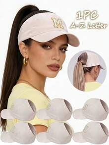 Gorra de béisbol con agujero para coleta y bordado de 26 letras para mujer, sombrero multifuncional para el sol, primavera/verano - Beis - Ver 1