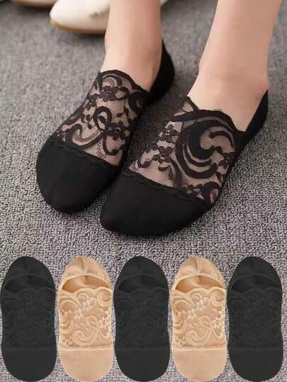 chuanwa（2） Women's Lace Transparent Thin Breathable Casual Invisible Boat Socks For Summer