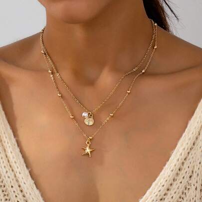 1 chiếc vòng cổ mặt dây chuyền hình vỏ sò và sao biển tinh tế, thời trang, thiết kế tối giản, phụ kiện đi biển dành cho nữ, phù hợp để đeo hàng ngày và làm trang sức du lịch.