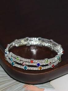 1 Peça Pulseira Envolvente com Decoração de Strass, Uso Diário para Mulheres - Roxo prateado - Visão 3