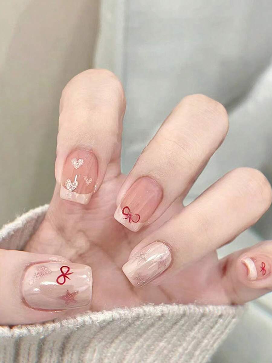 可爱法式美甲贴片套装，渐变豹纹蝴蝶结短款美甲贴片，可重复使用亚克力美甲贴片，日常佩戴装饰，24片装 - 彩色 - 查看 1