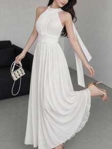 Women Spring Summer Elegant White Graduation Prom Evening Dress Sleeveless Halter Ruched A-Line Birthday Party Maxi Dresses Vacation Beach Festival Outfits Wedding Guest Formal Clothing - White - View 4