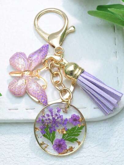 New Arrival Alloy & Resin White/Pink Daisy Dried Flower Keychain For Women's Bag/Car, Mother's Day Gift, Butterfly Tassel Decoration Keyring Car Accessories Bag Charm School