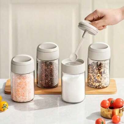 Bộ 3 hũ đựng gia vị bằng thủy tinh kín có nắp tích hợp thìa - Hộp đựng gia vị bằng nhựa kín khí, nắp trong suốt, thích hợp cho nhà bếp gia đình, tuyệt vời để bảo quản các loại thảo mộc và gia vị.