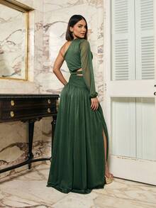 Elegant Long Dress For Bridesmaids, Wedding, Graduation, One Sleeve. - Olive Green With Shine - View 5