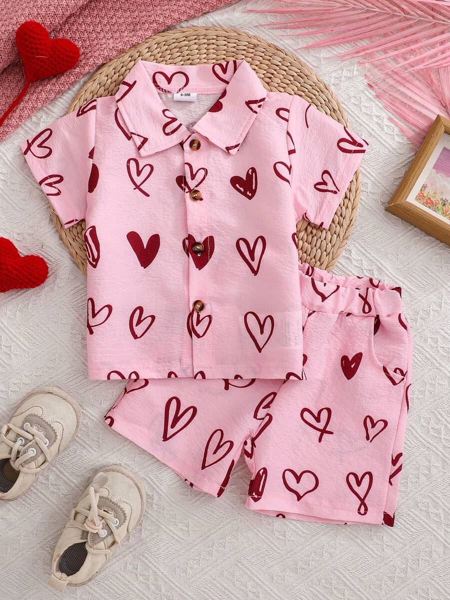 Baby Jungen Mädchen süßer Herz-Muster Knopfleisten Kurzarm Hemd & Shorts 2 Stücke Set für Kinder, Lässig Outfit - Pink - Übersicht 1