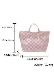 新年粉白格子图案女士手提包；高端简约字母印花装饰手提包，现代旅行度假风防水PVC材质沙滩包，适合度假旅行，实用轻便大容量防水手提包，经典闭合设计 - 粉色 - 查看 5