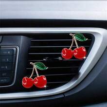 3 piezas Clip de ventilación de aire de metal y resina con diseño de cereza, accesorio de decoración interior de coche de instalación sencilla para mejorar el ambiente de la cabina - 3 clips decorativos para ventilación de aire de cerezo - Ver 2