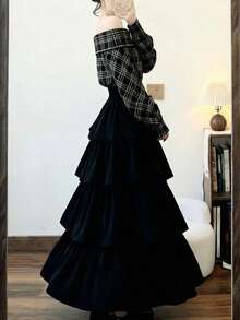 [Y6Y] 女士黑色松果A字层叠长裙，适合度假和春季休闲穿着 - 黑色 - 查看 2