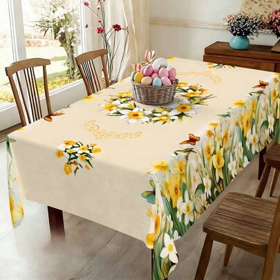 1 pieza Mantel con estampado de narcisos del campo inglés, tema floral de primavera, cubierta antipolvo para mesa de comedor o sala de estar, ambiente de té de la tarde al aire libre, material de poliéster, adecuado para reuniones familiares/fiestas/picnics al aire libre/bodas, uso interior y exterior, regalo de decoración del hogar