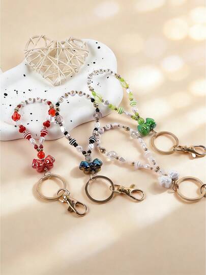 1PC Beaded Keychain, Acrylic Resin Bow Pendant, Bag Charm, Multiple Colors Available, Elegant Ladies' Keyring, Lettered Wristband Keychain, Ideal Gift For Women And Girls