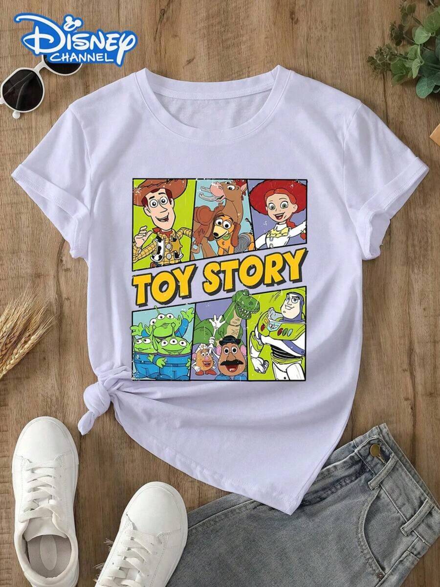 Disney Men's And Women's T-Shirts, Cartoon Patterns Printed With Toy Story Letters. Spring And Summer Women's Round Neck T-Shirt. The Fabric Is Soft, Comfortable And Breathable, Suitable For Daily Wear, Shopping, Traveling, Gathering And Home Use. It Is Also Suitable As A Beautiful Gift. Every Woman Should Have One. - White - View 1