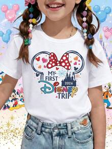 My First Disney Trip 2026 Minnie Mouse Ears Printed Pattern T-Shirts For Girls - Children's Clothing Design Short-Sleeved Casual And Cute Style Comfortable And Casual Wear All Year Round Suitable For Parties And Play Machine Washable Gift Children's Clothing Girls' Short-Sleeved Shirts - White - View 1