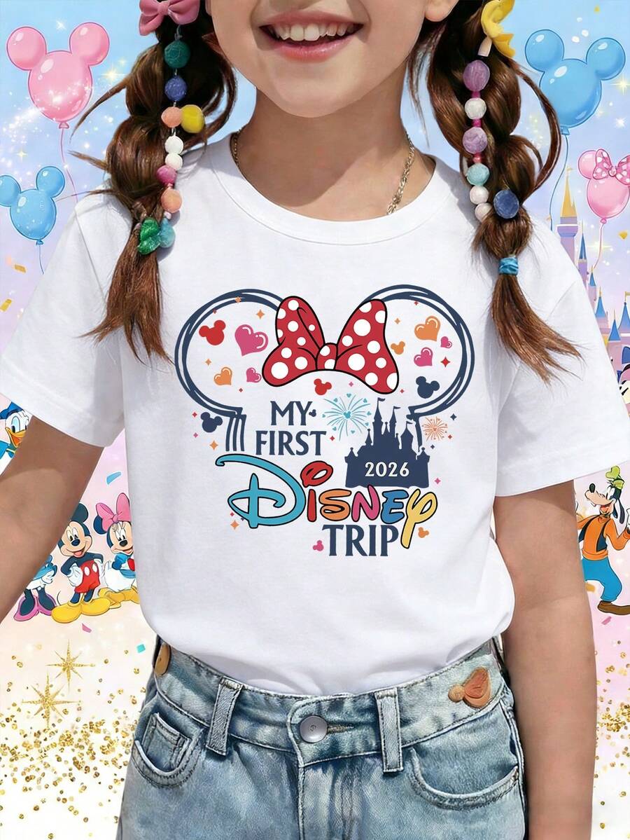 My First Disney Trip 2026 Minnie Mouse Ears Printed Pattern T-Shirts For Girls - Children's Clothing Design Short-Sleeved Casual And Cute Style Comfortable And Casual Wear All Year Round Suitable For Parties And Play Machine Washable Gift Children's Clothing Girls' Short-Sleeved Shirts - White - View 1