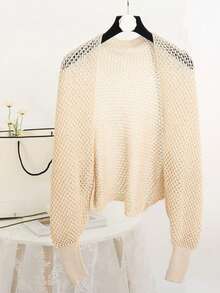 1件夏季必备冰丝披肩，空调披肩，时尚开衫，可搭配旗袍或连衣裙，韩式网纱袖设计，防晒。 - 米色 - 查看 6