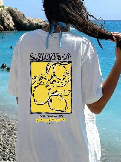 Camiseta de mujer "Limonada" de limón de Valencia, camiseta de ajuste regular con estampado de frutas vintage, cómoda blusa de manga corta con estilo mediterráneo, cuello redondo único de estilo casual de verano moda de Pinterest