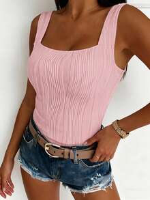 ChicMe Women's Square Neck Textured Tank Top, Sexy Sleeveless Slim Fit Ribbed Knit Camisole, Layering Top, Suitable For Party And Daily Wear - Pink - View 7