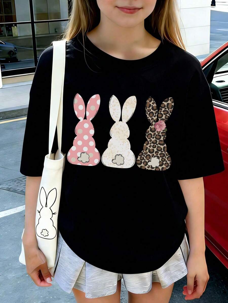 1 chiếc áo thun ngắn tay in hình thỏ dễ thương dành cho bé gái tuổi teen, áo mùa hè cho học sinh. - màu đen - Xem 1