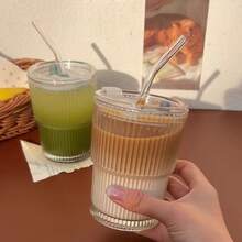1pc Ins Style Striped Glass Coffee Cup With Lid And Straw, Portable Minimalist Design, Can Hold Water, Tea Or Coffee, Round Shape, 400ml Capacity - Multicolor - View 6