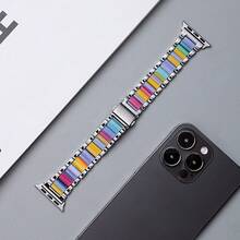 二合一设计，兼容苹果手表表带和表壳，时尚高端金属树脂表带搭配防震防刮硬质PC和钢化玻璃一体式保护壳，兼容苹果手表40/41/42/44/45/46/49毫米表带和保护壳，兼容苹果手表Ultra/11/10/9/8/7/6/5/SE/4系列，包含表带调节工具，适合商务和休闲场合佩戴，男女通用 - 彩虹色 - 查看 7