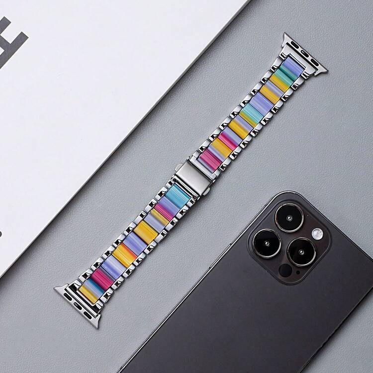 二合一设计，兼容苹果手表表带和表壳，时尚高端金属树脂表带搭配防震防刮硬质PC和钢化玻璃一体式保护壳，兼容苹果手表40/41/42/44/45/46/49毫米表带和保护壳，兼容苹果手表Ultra/11/10/9/8/7/6/5/SE/4系列，包含表带调节工具，适合商务和休闲场合佩戴，男女通用 - 彩虹色 - 查看 7
