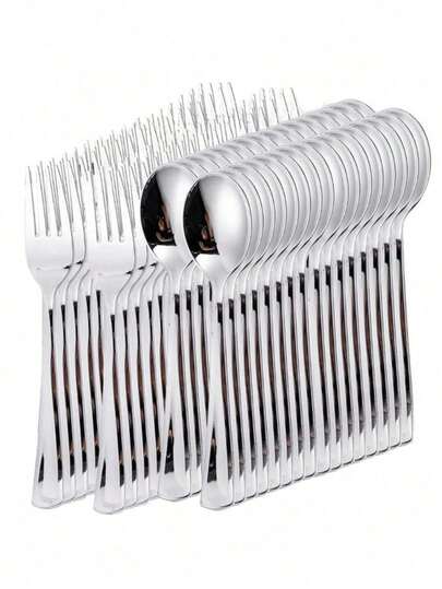 Silver Reusable Cutlery Set - Salad Fork And Dessert Spoon, Suitable For Dining, Beach BBQ, Picnic, Outdoor Camping, Party And Wedding