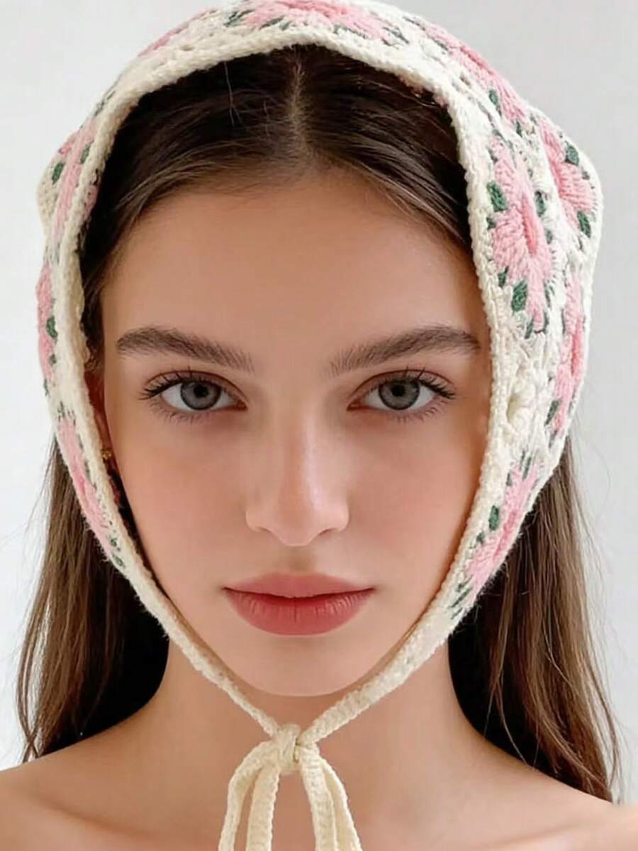 Berlin Style Long Floral Woven Headband, Suitable For Daily Wear And Spring Outings. Can Be Used As A Versatile Headband, Valentine's Day Hair Accessory, Autumn/Winter Scarf, Or Elegant Shawl For Ladies On Vacation. Fashion Hair Bands - Pink Flowers - View 1