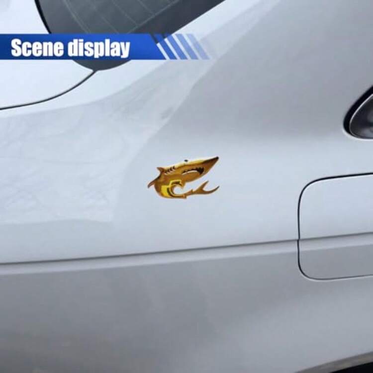 2PCS 3D Shark Metal Car Emblem Sticker Decal 3.5*1.7 Cool Fish Nameplate Sticker For Auto Body Badge Decal On SUV Motorcycle Truck Fenders Bumper Window Laptop Decoration Gold Finish High-Definition Metallic Design Durable Outdoor Use Stylish Vehicle Customization Accessory - -金子- - 查看 4