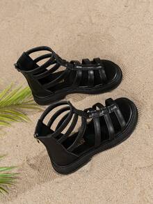 女童黑色高帮凉鞋，夏季新款，后拉链设计，柔软防滑鞋底，时尚休闲大童鞋 - 黑色 - 查看 6