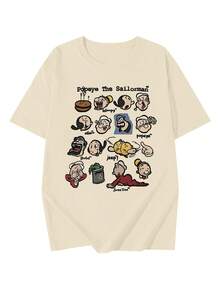 新款复古卡通印花短袖T恤，独特设计修身休闲上衣，适合夏季穿着 - 杏色 - 查看 3