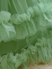 Baby Girls V-Neck Bow Ruffle Mesh Wedding Dress, Suitable For Birthday Party, Excluding Headband - Green - View 9