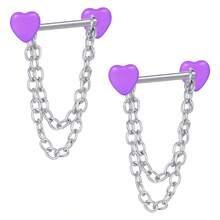 1对14G不锈钢直杆双心形乳环和舌环，带链条，男女通用，长度16毫米，身体穿刺饰品 - 銀色 - 查看 12