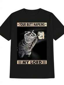Camiseta gráfica de mapache con diseño divertido para hombre - "Tus servilletas de trasero, mi señor", diseño gracioso, camiseta de verano negra de cuello redondo informal, lavable a máquina, corte regular para hombre, idea de regalo novedosa y divertida, camiseta de mapache, tela de textura suave. - Negro - Ver 2