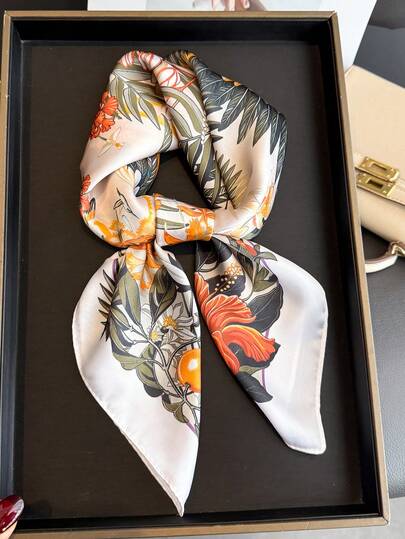 1pc Women's Elegant Vintage Printed Thin Style Satin Square Faux Silk Scarf,Boho Vintage Casual Women's Neck Scarf,Shawl,Light And Thin Comfortable Women's Bandana,For Daily Wear And Outing In Spring And Summer