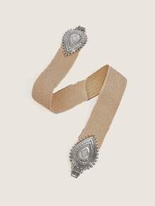 1条波西米亚风女士弹力腰带，西部风格腰带，女士腰带，波西米亚夏季度假风，雕花银色金属扣编织弹力卡其色腰带，可搭配裙子、裤子，适合海滩、派对、节日礼物、生日礼物、日常通勤。 - 卡其色 - 查看 3