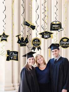 12pcs Gold & Black 2026 Graduation Decorations, Suitable For Graduation Party Ceiling Decor, Photo Booth Props, 2026 Graduation Party Decorations, Party Supplies, Graduation Gifts, Grad Accessories - Multicolor - View 2