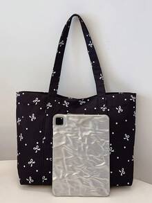 1 pièce Sac fourre-tout décontracté et mignon pour femmes avec décoration de nœud, sac à main léger avec fermeture magnétique et décoration d'étiquette, convient pour les femmes/filles/étudiantes, pour un usage quotidien, les vacances, les voyages, l'école - Noir - Voir 4