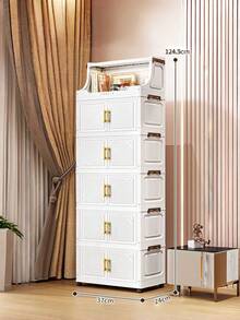 1pc Plastic Folding Storage Cabinet, Double Door Home Living Room Toy Organizer Box, Bedroom Wardrobe Storage Cabinet With Wheels, Clothing Closet Storage Box, Kitchen Trolley Storage Rack - Transparent - View 7