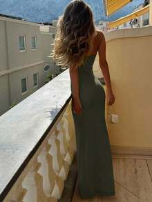 Elegant Romantic Sunset Date Valentine's Day Sweet Lace Mesh Extra-Long Slim Fit Dress For Women - Army Green - View 2